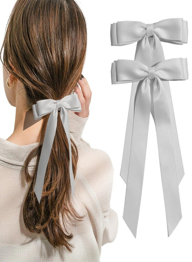 TULOBI 2PCS Gray Hair Bows Solid Satin Polyester Ribbon Bow Hair Clips Ponytail Big French Hair Barrettes with Long Tail Wedding Dress Decor Hair Accessories for Women Toddler Teen Girls - Image 1